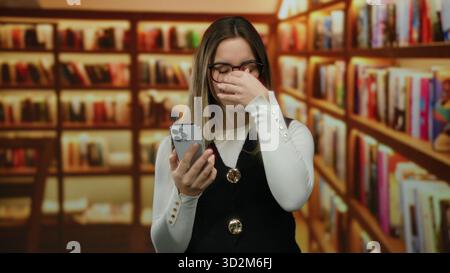 Woman holding smartphone in library with blonde hair and eyeglasses, showcasing a reflective mood under warm lighting among rows of bookshelves indoor Stock Photo