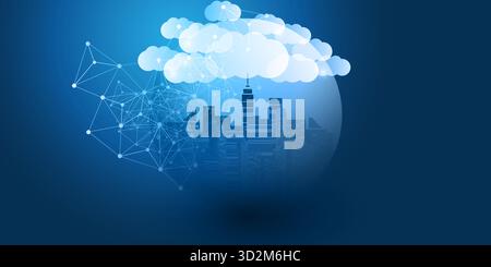 Dark Blue and White Smart City, Cloud Computing Design Concept with Transparent Globe and Cityscape, Tall Buildings, Skyscrapers Inside - Digital Poly Stock Vector