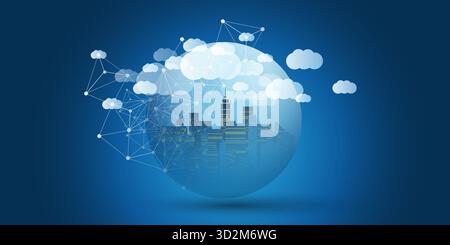 Dark Blue and White Smart City, Cloud Computing Design Concept with Transparent Globe and Cityscape, Tall Buildings, Skyscrapers Inside - Digital Poly Stock Vector