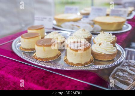 Various small desserts on a silver plate on a sales table, Streuobstmarkt, Sindelfingen, Boeblingen district, Germany Stock Photo