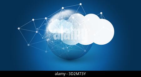Cloud Computing Design Concept - Global Digital Nodes and 3D Polygonal; Connections, Modern AI, Software, Service, Technology Platform - Big Cloud and Stock Vector