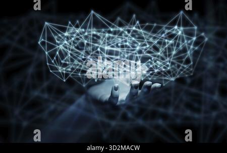 Human hand holds a virtual data network internet cloud connections with user communication lines Stock Photo
