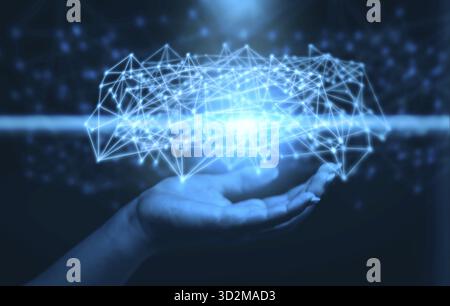 Hand holding virtual metaverse big data network web internet connections communications technology Stock Photo
