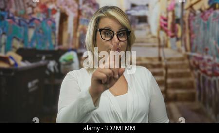 Blonde woman beckons with hands on urban street graffiti walls and stairs; welcoming invitation connection warmth. Stock Photo