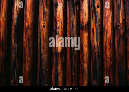 Close-up of Vertical Wooden Logs with Dark and Warm Textures Stock Photo