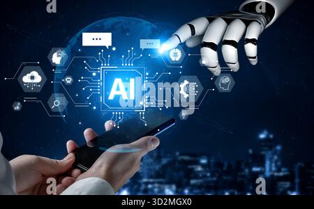 A generative AI assistant showcases its cognitive platform. This system powers conversational chatbots and intelligent cloud data processing for user Stock Photo
