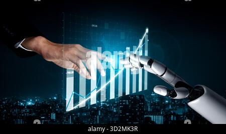 A symbolic representation of collaboration between humans and robots, showcasing hands reaching towards a digital growth chart against a vibrant city Stock Photo