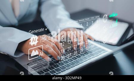 Business person using laptop with AI-generated calendar and data analytics hologram, symbolizing smart scheduling, workflow automation, and digital pr Stock Photo