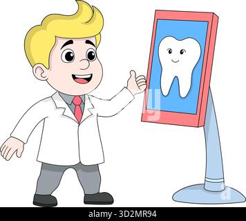 Cartoon vector illustration of a smiling dentist character presenting a healthy white tooth image on a digital screen Stock Vector