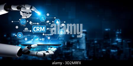 A futuristic robot hand engages with a digital representation of customer relationship management, highlighting innovative technology and business sol Stock Photo
