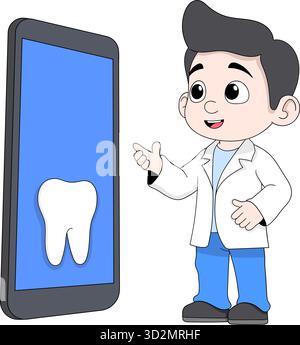 Cartoon vector illustration of a young dentist character presenting a healthy white tooth displayed on a smartphone screen Stock Vector