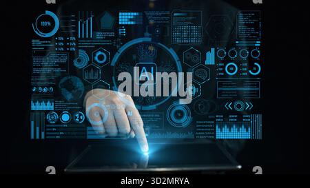 Explore a futuristic digital interface showcasing AI data visualizations and interactive analytics, symbolizing technology advancement and innovative Stock Photo