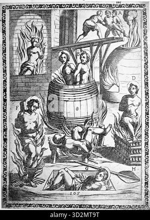 Torture, torture, Inquisition, a. Convicted person thrown into a red-hot furnace, b. Convicted person placed in a barrel or vat and burned, c. Convicted person placed in a chamber that was set on fire, d. Bound hand and foot and placed on a burning pyre, e. Tied to four stakes driven into the ground, beneath which a fire burned, f. Bound with oil-soaked ropes and burned beneath them, g. Thrown into a pit full of glowing coals, h. Fire stoked with an iron shovel. Illustration, reproduction from a 16th-century original, Middle Ages, authentic, file restored for optimal use, exact date of origina Stock Photo