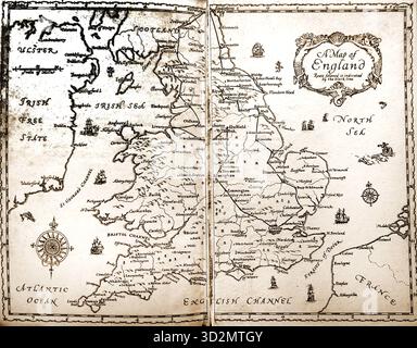 1928 MAP OF ENGLAND showing the main cities, towns and a suggested tourist route in England plus part of Ireland listed as as the IRISH FREE STATE Stock Photo