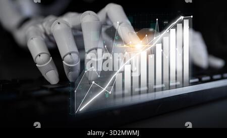 A robotic hand engages with visual financial data on a keyboard, showcasing the intersection of technology and finance through automated analysis and Stock Photo