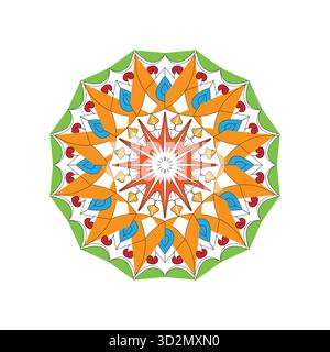 Vibrant Starburst Mandala with Orange Petals, Bright Green Border, and Graphic Details Stock Vector