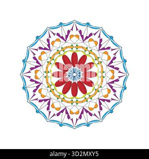 Vibrant Floral Mandala Illustration: Symmetrical Digital Design with Red Petals and Bright Colors Stock Vector