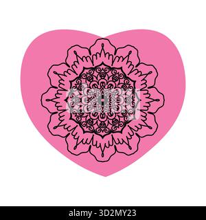 Intricate black floral mandala centered on a soft pink heart background Stock Vector