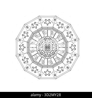 Intricate black and white mandala drawing featuring geometric star and dental motifs Stock Vector