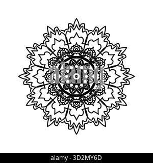 Bold Spiky Mandala Coloring Page: Intricate Dark Line Art and Floral Symmetrical Pattern Stock Vector