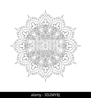 Intricate Zen: Hand-Drawn Black and White Mandala with Swirls and Heart-Shaped Petals Stock Vector