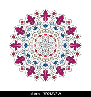 Vibrant Floral Mandala Art: Intricate Symmetrical Design with Bold Purple and Red Accents Stock Vector