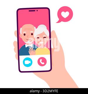 Video call with grandparents or aging parents. Hand holding smartphone with elderly couple on screen. Simple and cute flat cartoon vector illustration Stock Vector