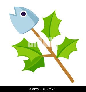 Hiiragi Iwashi ("Holly Sardine") Japanese Setsubun tradition. Cooked sardine head impaled on a holly branch. Cartoon vector illustration. Stock Vector