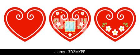 Licitar, traditional heart shaped Croatian gingerbread cookie. Three decorated red hearts set. Simple cartoon vector clipart illustration. Stock Vector