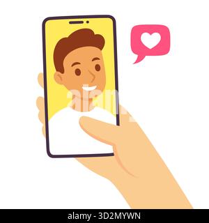 Video call with loved one. Female hand holding smartphone with boyfriend on screen. Online dating, long distance relationship concept. Flat cartoon ve Stock Vector