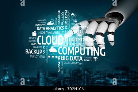 A striking image featuring a robotic hand interacting with cloud computing concepts. The artwork showcases various data-related keywords emphasizing t Stock Photo