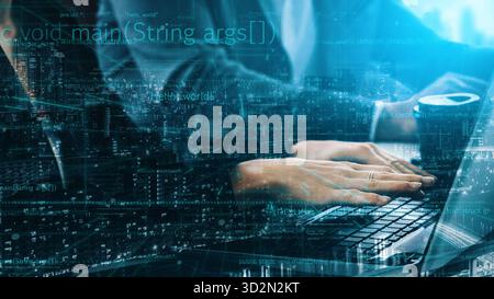 A visually striking image showing hands typing on a laptop, enhancing the modern workspace vibe with an overlay of cityscape and digital data visualiz Stock Photo