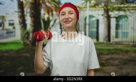 Woman exercising outdoors with a red dumbbell, wearing a white shirt and red headband, smiles against a backdrop of palm trees on a sunny city street. Stock Photo