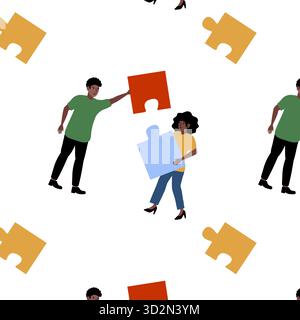 Couple assembling colorful puzzle pieces together in a joyful indoor activity Stock Vector