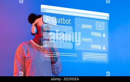 A scene illustrating a user engaging with generative AI through a virtual interface, highlighting the integration of chatbots in modern technology and Stock Photo