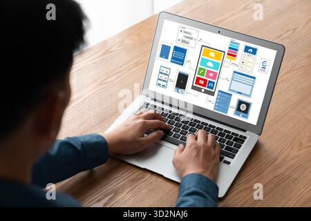 UX UI design process for modish mobile application and website . Creative prototype of wireframe for professional app developer . Stock Photo