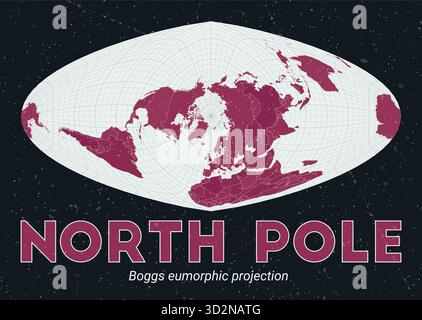 North Pole. World map. Boggs eumorphic projection centered to North Pole. Pale Mint Dark Pink palette. Vintage texture. Alive vector illustration. Stock Vector