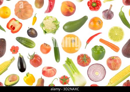 Beautiful seamless pattern fresh fruits and vegetables isolated on white background. Stock Photo