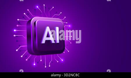Brightly glowing AI chip on circuit board. Technology background. CPU processor on tech bg. Computer microchip on motherboard. Vector illustration Stock Vector