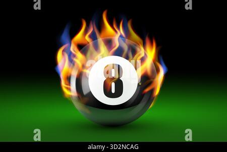 Fiery Eight Ball on Green Pool Table, symbolizing intensity, challenge, and determination in sport. Vector illustration Stock Vector