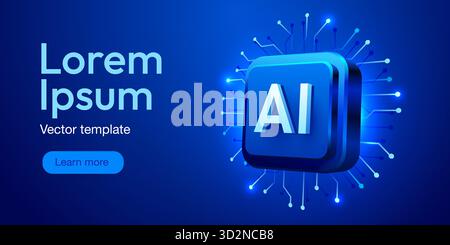Brightly glowing AI chip on circuit board. Technology background. CPU processor on tech bg. Computer microchip on motherboard. Vector illustration Stock Vector