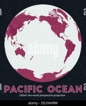 Pacific Ocean. World map. Gilbert two-world perspective projection centered to Pacific Ocean. Pale Mint Dark Pink palette. Vintage texture. Stock Vector