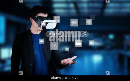 Explore the cutting-edge intersection of virtual reality and online search tools, showcasing a user interacting with digital marketing solutions for e Stock Photo