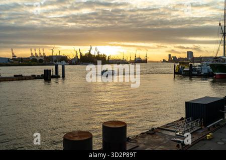 Ferry on the Elbe River at sunset in Hamburg, Germany, 10.10.2025 Stock Photo