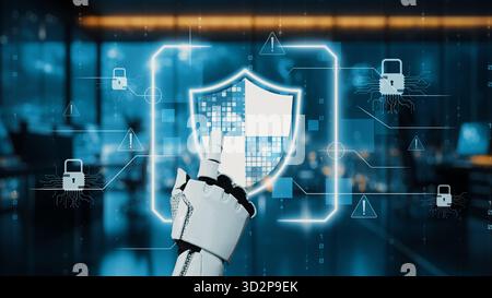 A futuristic robotic hand reaches toward a virtual security shield icon, symbolizing the integration of cybersecurity and technology in a modern offic Stock Photo