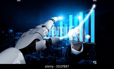 This image showcases a futuristic robot hand and a human hand interacting with digital graphs, symbolizing the integration of technology and business Stock Photo