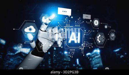 A generative AI assistant showcases its cognitive platform. This system powers conversational chatbots and intelligent cloud data processing for user Stock Photo