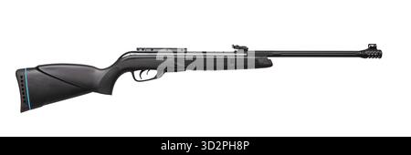 A modern black synthetic air rifle or pellet gun with a muzzle brake, isolated on white. Stock Photo