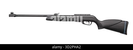 A modern black synthetic air rifle or pellet gun with a muzzle brake, isolated on white. Stock Photo