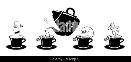 Making tea step by step Instruction how to make a tea drink. Cup mug and tea bag. Perfect for packing, menu. Simple black and white design in Stock Vector
